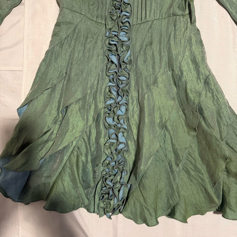 Samuel Dong Green Lagenlook Jacket Coat Dress Ruffle Trim Taffeta Avant Garde Sm - Picture 8 of 10
